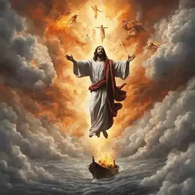 Ein Gemälde von Jesus, der über ein Boot am Himmel fliegt.