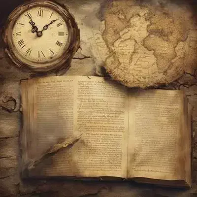 Ein altes Buch mit einer Uhr darauf.