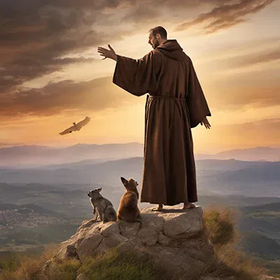 Ein Mönch und sein Hund auf einem Berggipfel.