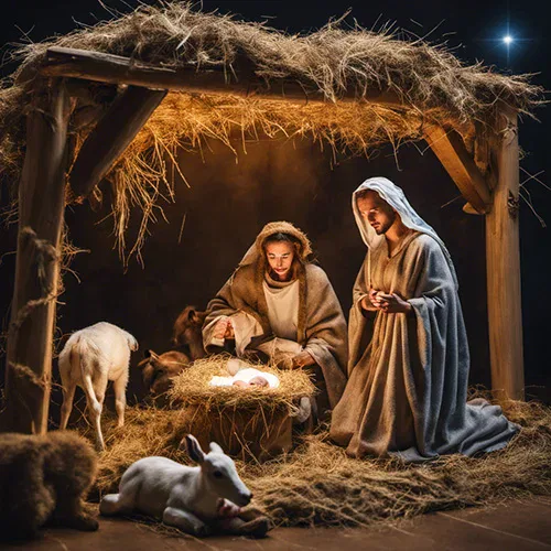 Krippe mit Jesus und Maria.