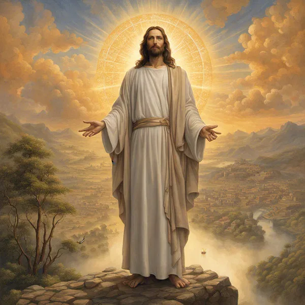 Jesus steht auf einem Berggipfel, die Sonne im Rücken, und bezieht sich dabei auf Timotheus 3:16.