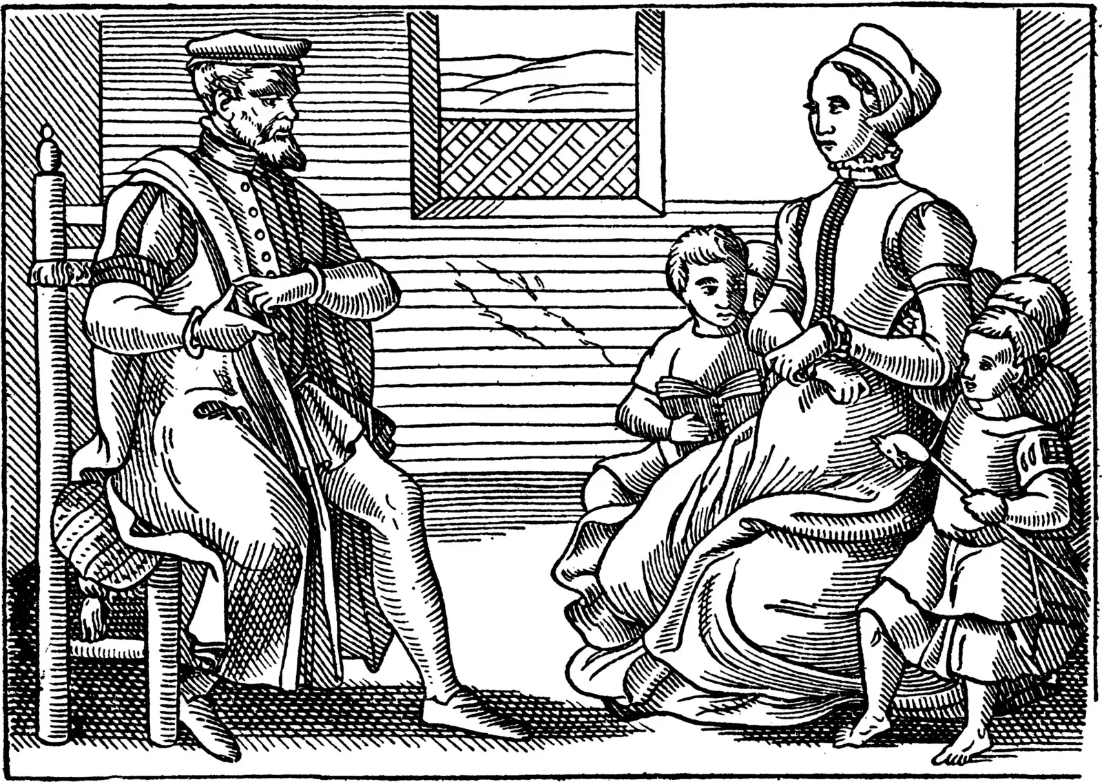 Eine Schwarz-Weiß-Illustration eines Mannes und einer Frau, die in einem Raum sitzen.