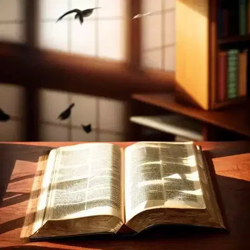 Eine Bibel liegt auf einem Holztisch. Licht fällt durch ein Fenster in den Raum