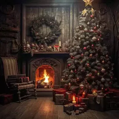 Ein Weihnachtsbaum in einem Raum mit einem Kamin und Geschenken.