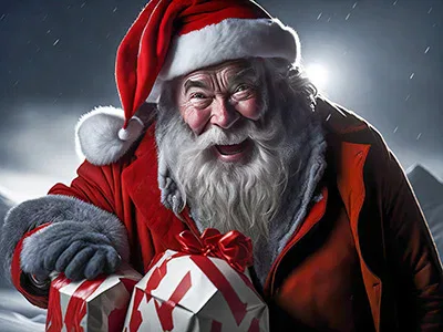 Ein Weihnachtsmann hält Geschenke im Schnee.
