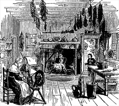 Eine Schwarz-Weiß-Illustration einer Frau in einer Küche.