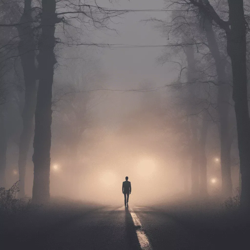 weggabelung Mann läuft im dunklen Nebel zu einer Weggabelung