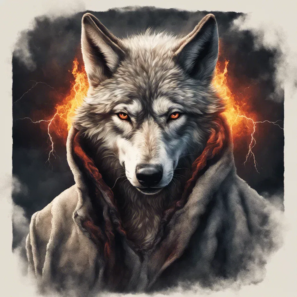 wolf im schaftspelz Ein wolf im Schafsmantel schaut den Zuschauer an, im Hintergrund apokalyptische Szene mit Feuer und Blitzen