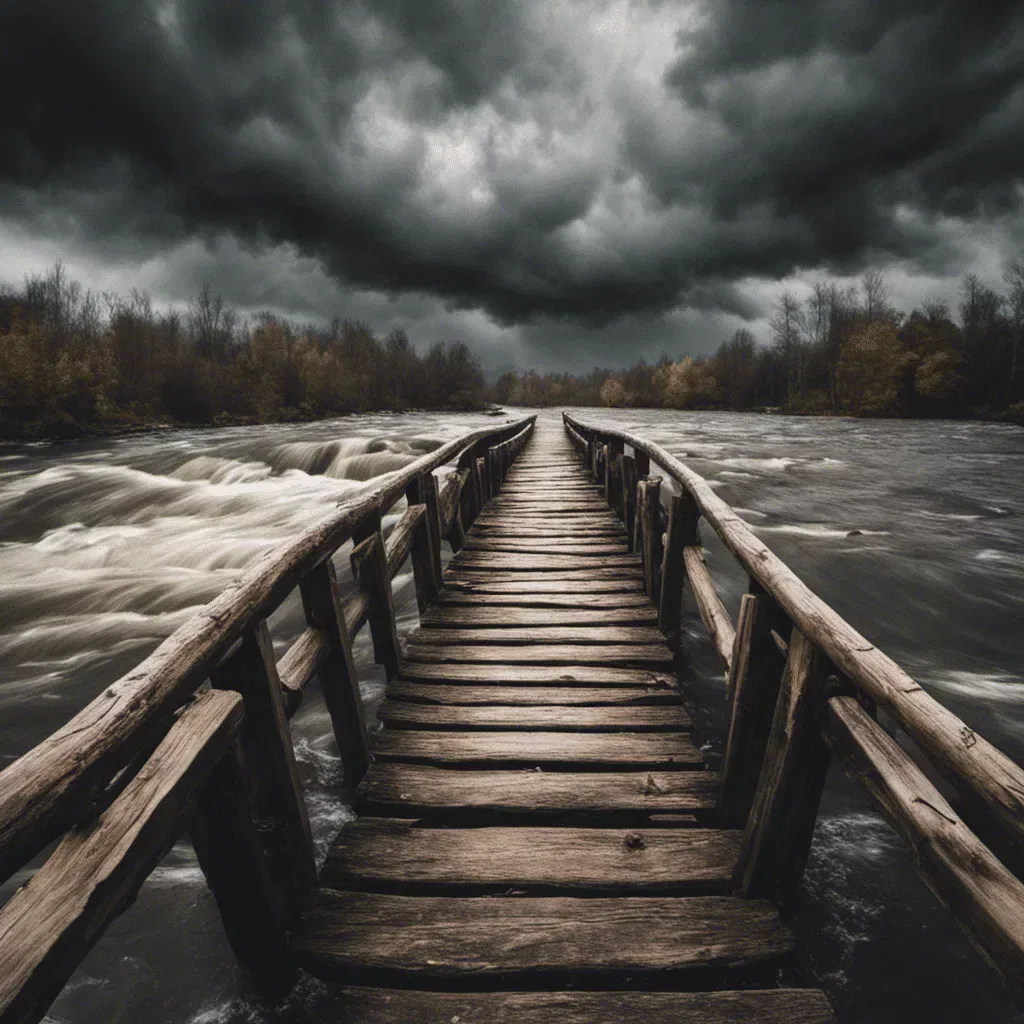 zerbrochene_brücke eine Holzbrücke führ in den reisenden Strom bei stürmischem Himmel