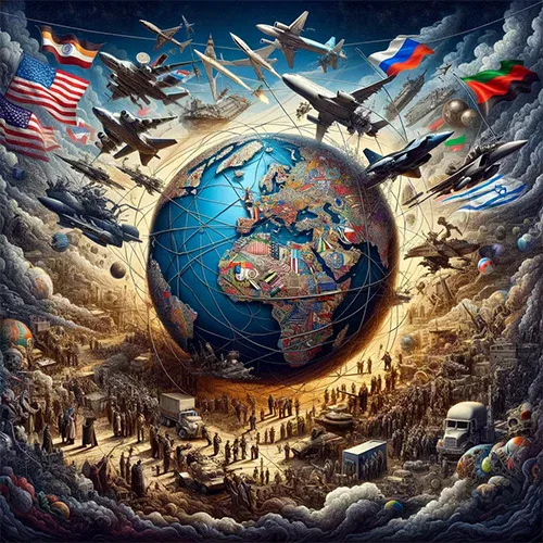 A painting of a globe, surrounded by airplanes and aircraft.