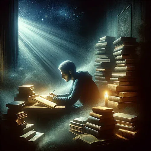 A man is reading a book in a dark room.