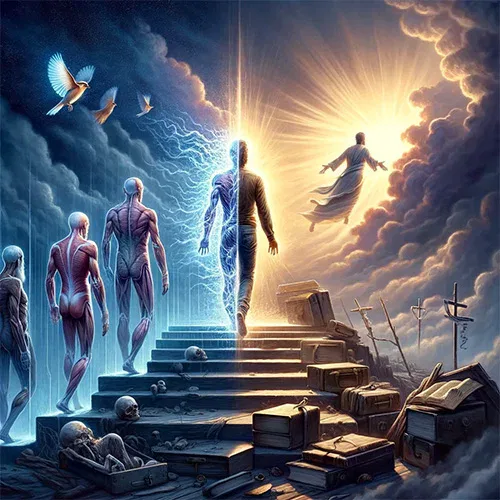 A painting of a man and a woman on a staircase.
