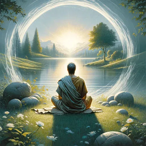 A man is sitting in the lotus position in front of a lake.