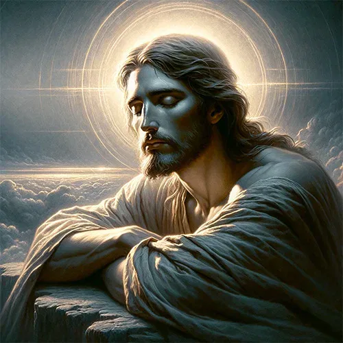 Jesus sitting with closed eyes on a rock.