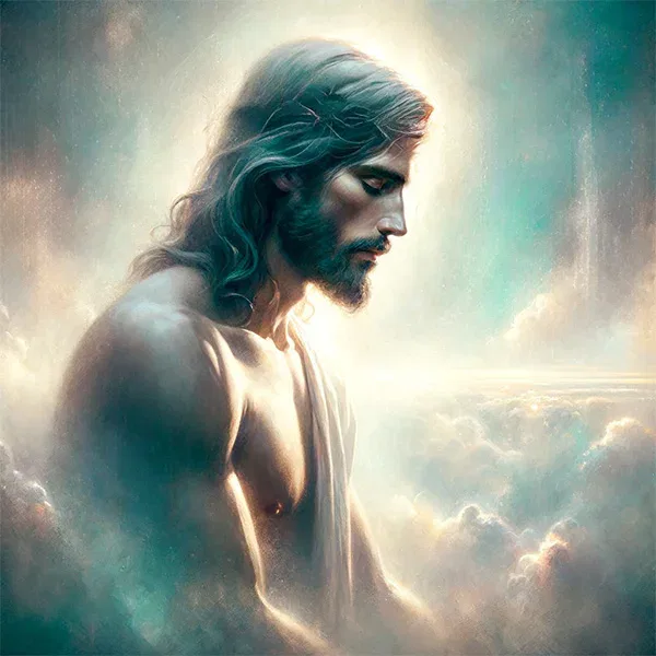 Ein Gemälde von Jesus in den Wolken.