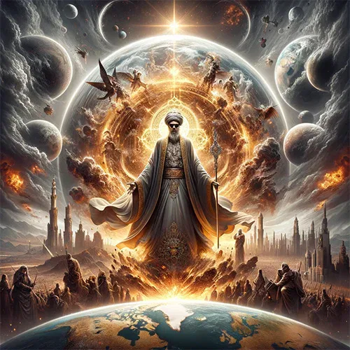 An image of a man in a robe standing in the middle of the Earth.