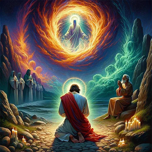 Jesus kneeling in front of a fire.