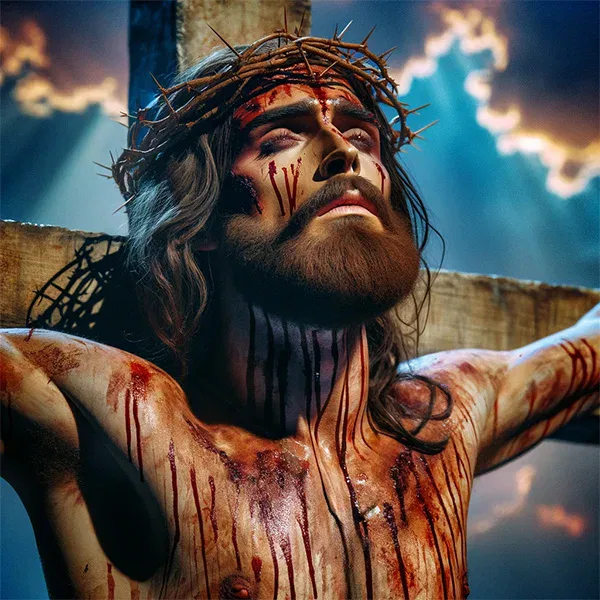 Jesus am Kreuz mit Blut im Gesicht.