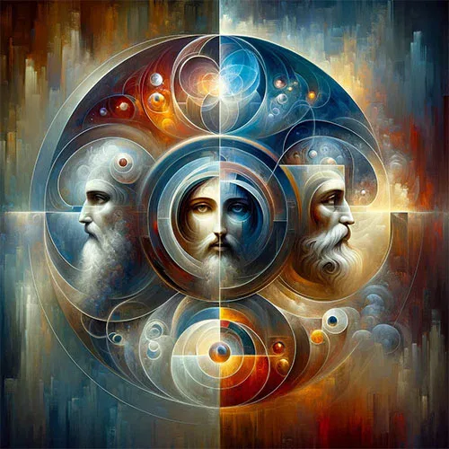 A painting of three men in a circle.