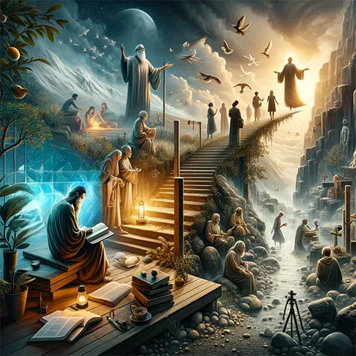 A painting of a group of people on a staircase.