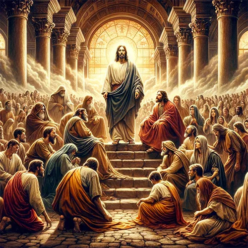 Ein Gemälde von Jesus vor einer Gruppe von Menschen.