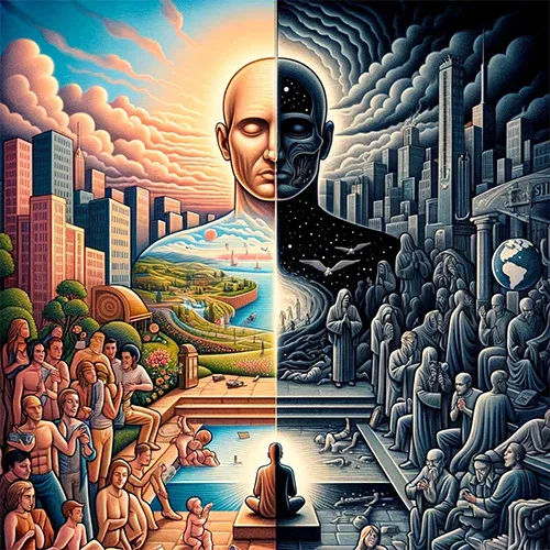 A painting of a man in front of a city.