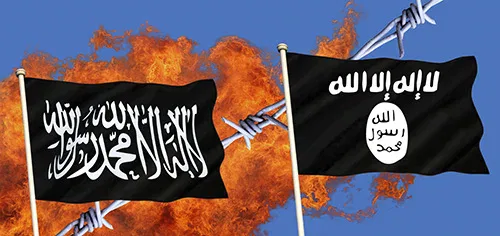 Two flags of the Islamic State are flying in the air.