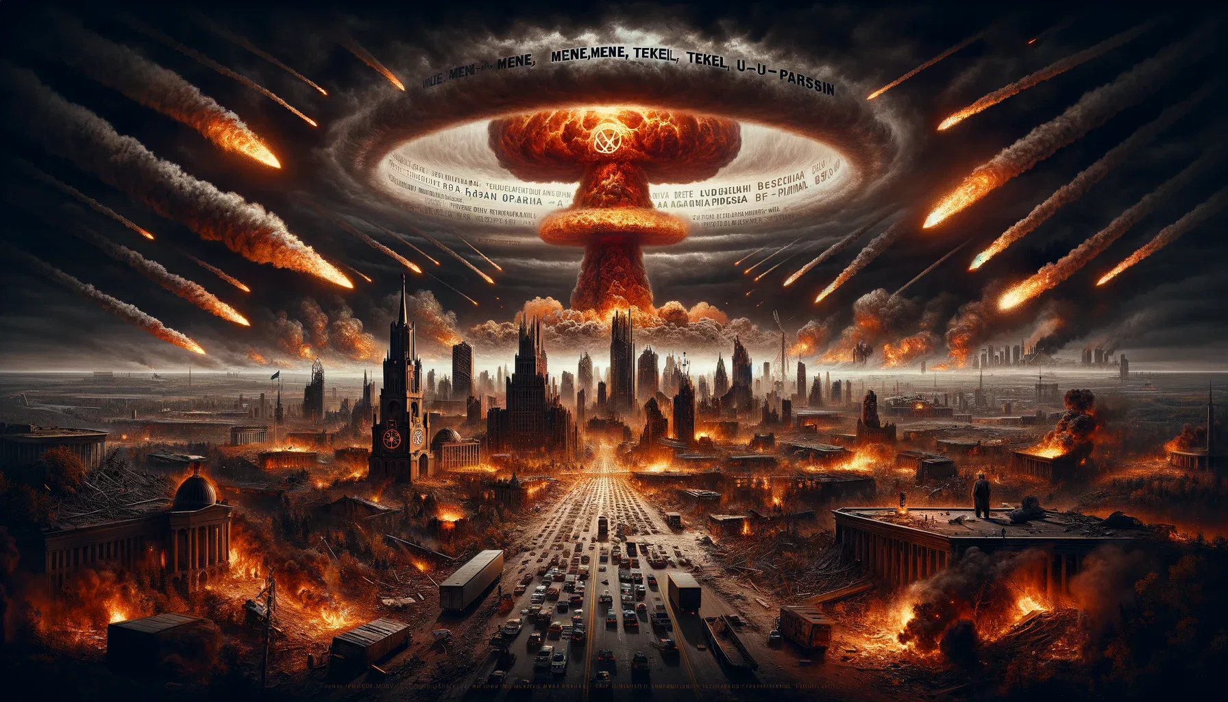 A post-apocalyptic cityscape in flames and destruction. A massive mushroom cloud dominates the dark sky, meteorites raining down on burning skyscrapers. The streets are filled with debris and fleeing vehicles. In the sky, a cryptic text circles the center of the explosion.
