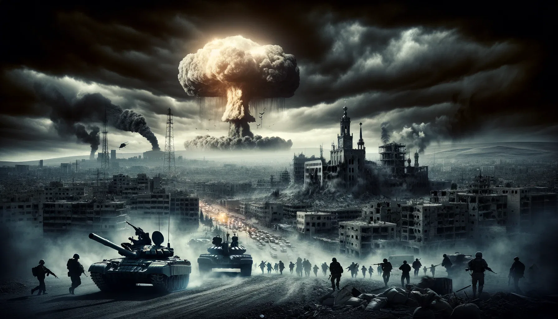 A dark apocalyptic scene depicts a destroyed city with collapsing buildings and thick smoke. Soldiers and tanks advance through the ruins. In the sky, a massive mushroom cloud rises, created by a nuclear explosion, casting an eerie glow over the chaotic landscape.