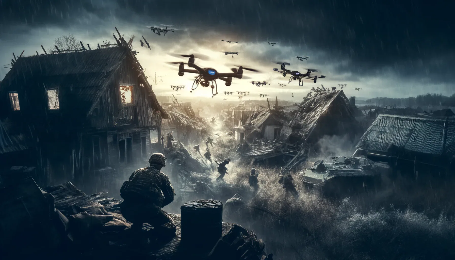 A soldier in camouflage is crouched on a rooftop, observing a chaotic, war-torn village with destroyed buildings and debris. Several drones with blue lights hover in the stormy sky as people below run. The scene is dramatic, full of destruction, smoke, and a sense of urgency amidst the conflict.