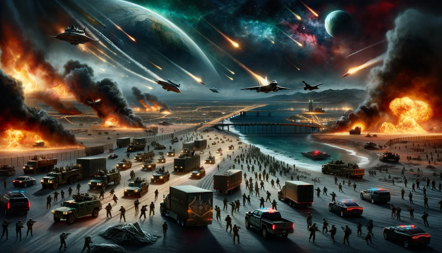 A futuristic battle scene depicts chaos with fiery explosions, burning vehicles, and combat actions. Numerous soldiers and armored vehicles fight on the ground, while planes and spaceships dominate the sky. Im Hintergrund ist eine himmlische Ansicht von Planeten und Meteoren zu sehen, die durch die Atmosphäre brennen.