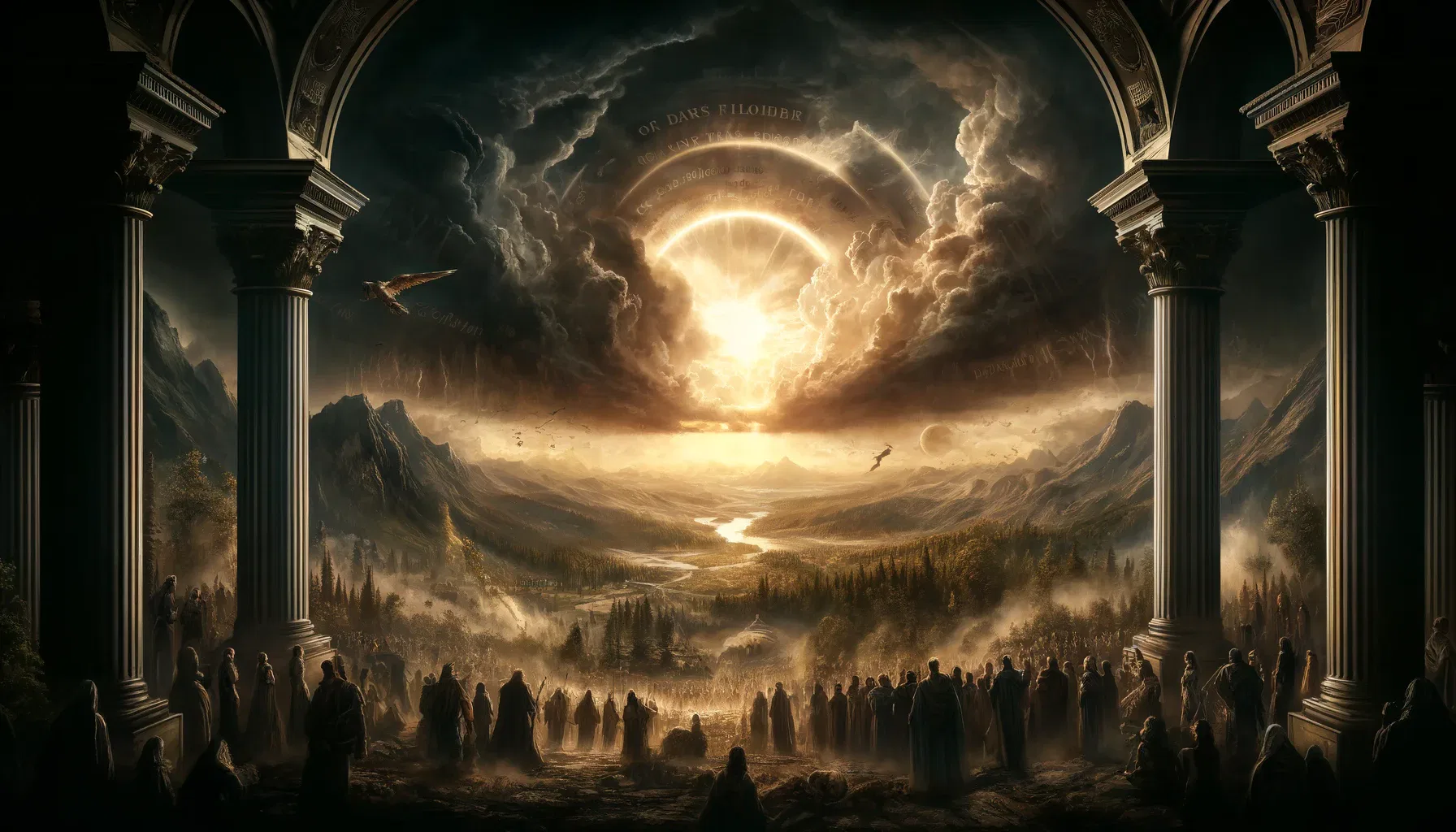 A dramatic fantasy scene featuring a gathering of figures in robes in a large hall with archways. They gaze upon a vast landscape with a river, mountains, and forests. Above, a glowing celestial event with swirling clouds and a radiant sun illuminates the sky, creating an ethereal atmosphere.