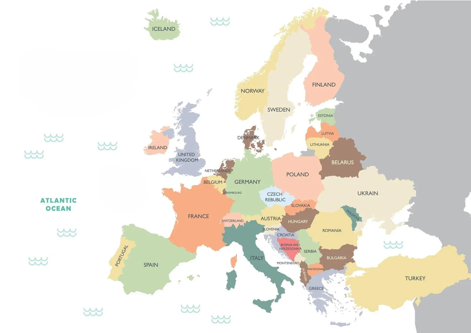 A detailed political map of Europe with country names and borders. Each country is depicted in a different color. The map also highlights the surrounding bodies of water, including the Atlantic Ocean to the west. Iceland is visible in the northwest, and Turkey is partially depicted in the bottom right.