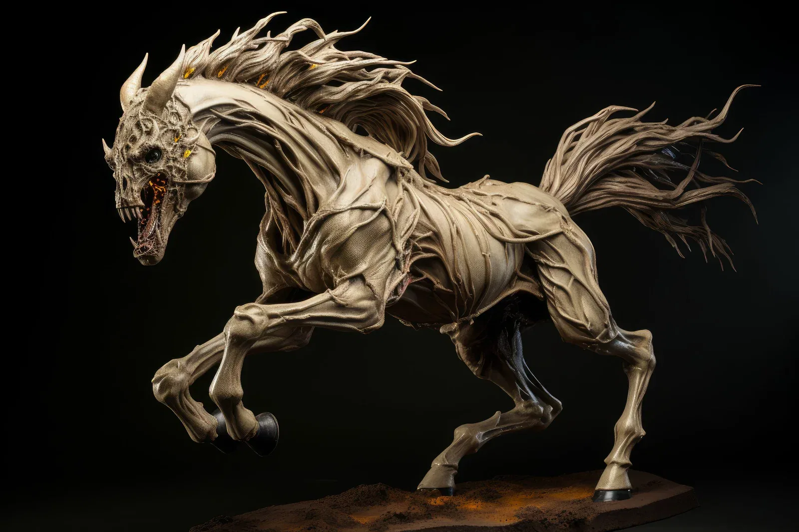 A frightening, skeleton-like horse with tattered skin gallops forward. Its glowing eyes and rugged, exposed bones emit a compelling aura. The flowing mane and tail of the horse look eerie, enhancing its menacing presence. The dark background emphasizes the eerie and supernatural appearance of the creature.