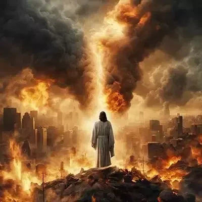 Jesus steht vor einer Stadt, aus der ein Feuer brennt.