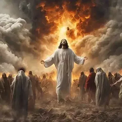 Jesus steht vor einer Menschenmenge.