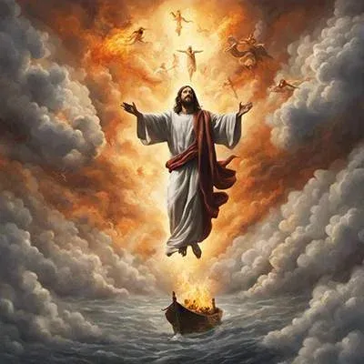 Ein Gemälde von Jesus, der über ein Boot am Himmel fliegt.