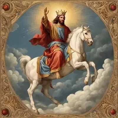 Ein Gemälde von Jesus auf einem weißen Pferd.