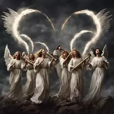7 Engeln mit Posaunen vor einem bewölkten Himmel.