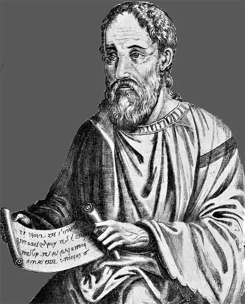 A black and white drawing of a man holding a book (Eusebius of Caesarea)