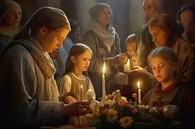 Eine Gruppe von Menschen zündet an einem Tisch Kerzen an.