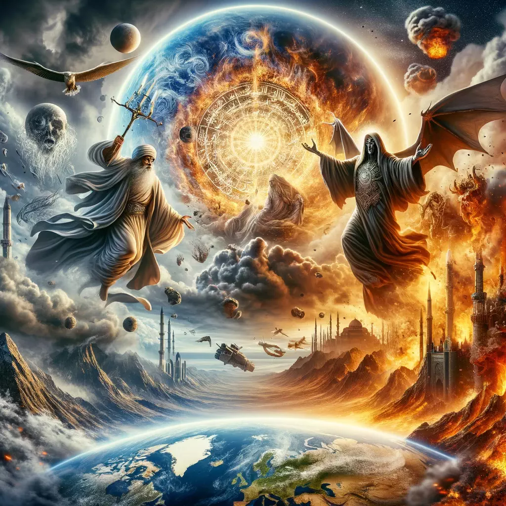 Ein fesselndes Gemälde, das zwei finstere Dämonen zeigt, die über die weite Fläche der Erde schweben und Gedanken an Mahdi und Eschatologie im Reich des Islam wecken.