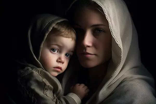 Maria mit einem Kind vor dunklem Hintergrund.