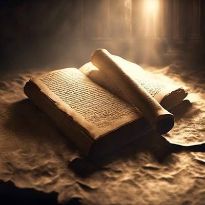 Book with manuscript in mystical light